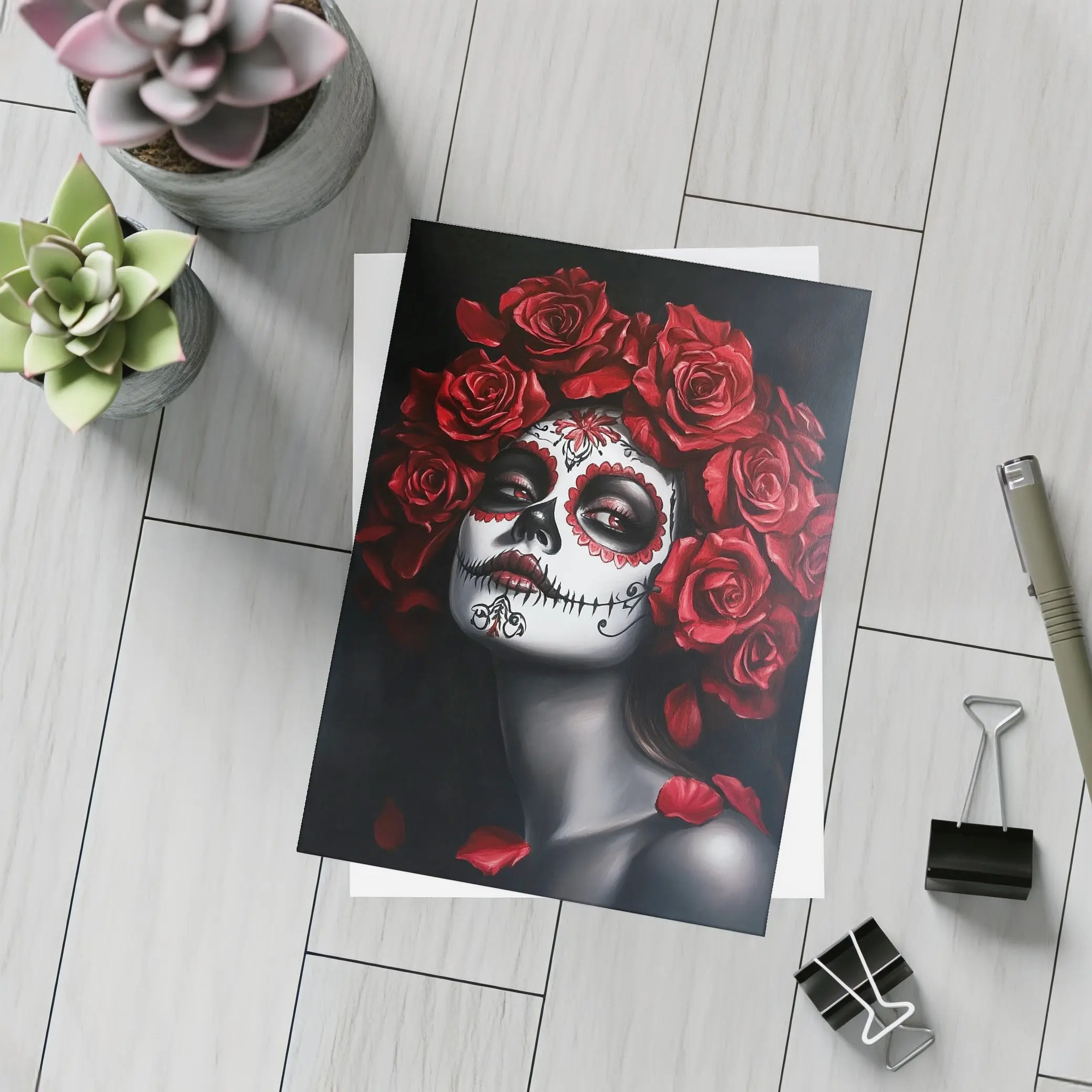 Sugar Skull Woman Red Roses Dark Background – Postcards