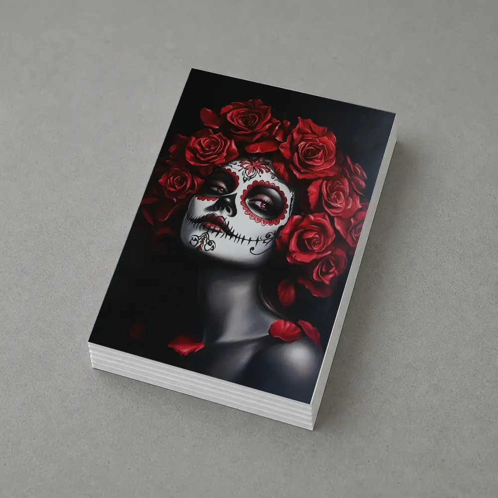 Sugar Skull Woman Red Roses Dark Background – Postcards