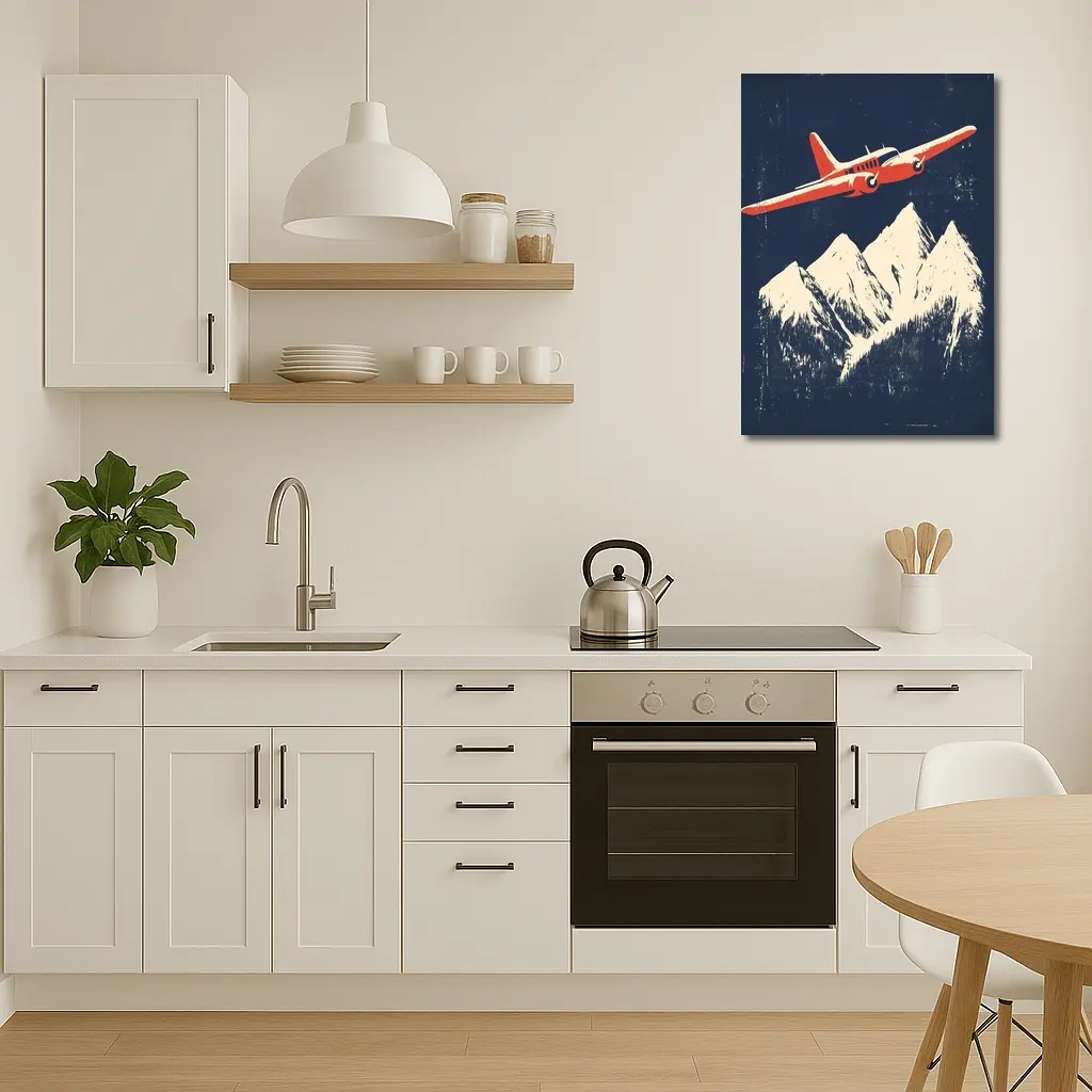 Red Vintage Plane Flying Over Snowy Mountains – Wall Art