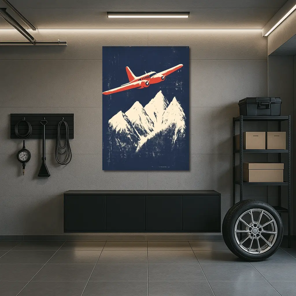 Red Vintage Plane Flying Over Snowy Mountains – Wall Art
