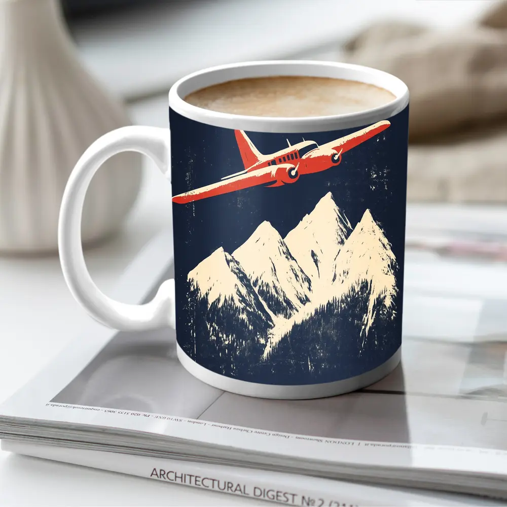 Red Vintage Plane Flying Over Snowy Mountains – Mugs