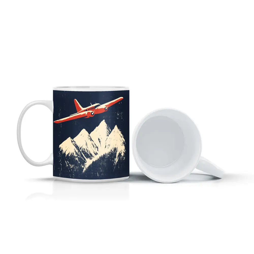 Red Vintage Plane Flying Over Snowy Mountains – Mugs
