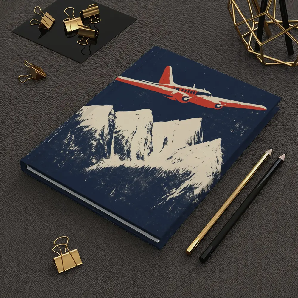 Red Vintage Plane Flying Over Snowy Mountains – Notebooks