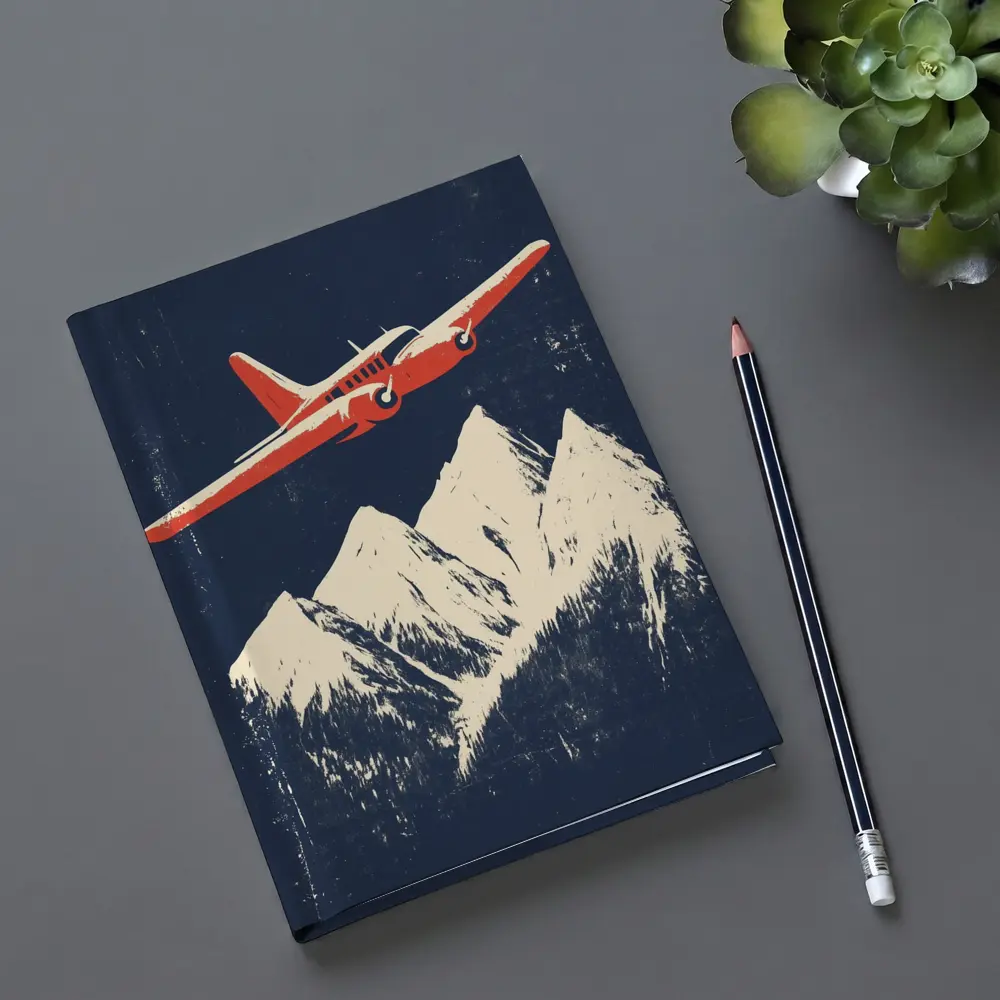 Red Vintage Plane Flying Over Snowy Mountains – Notebooks