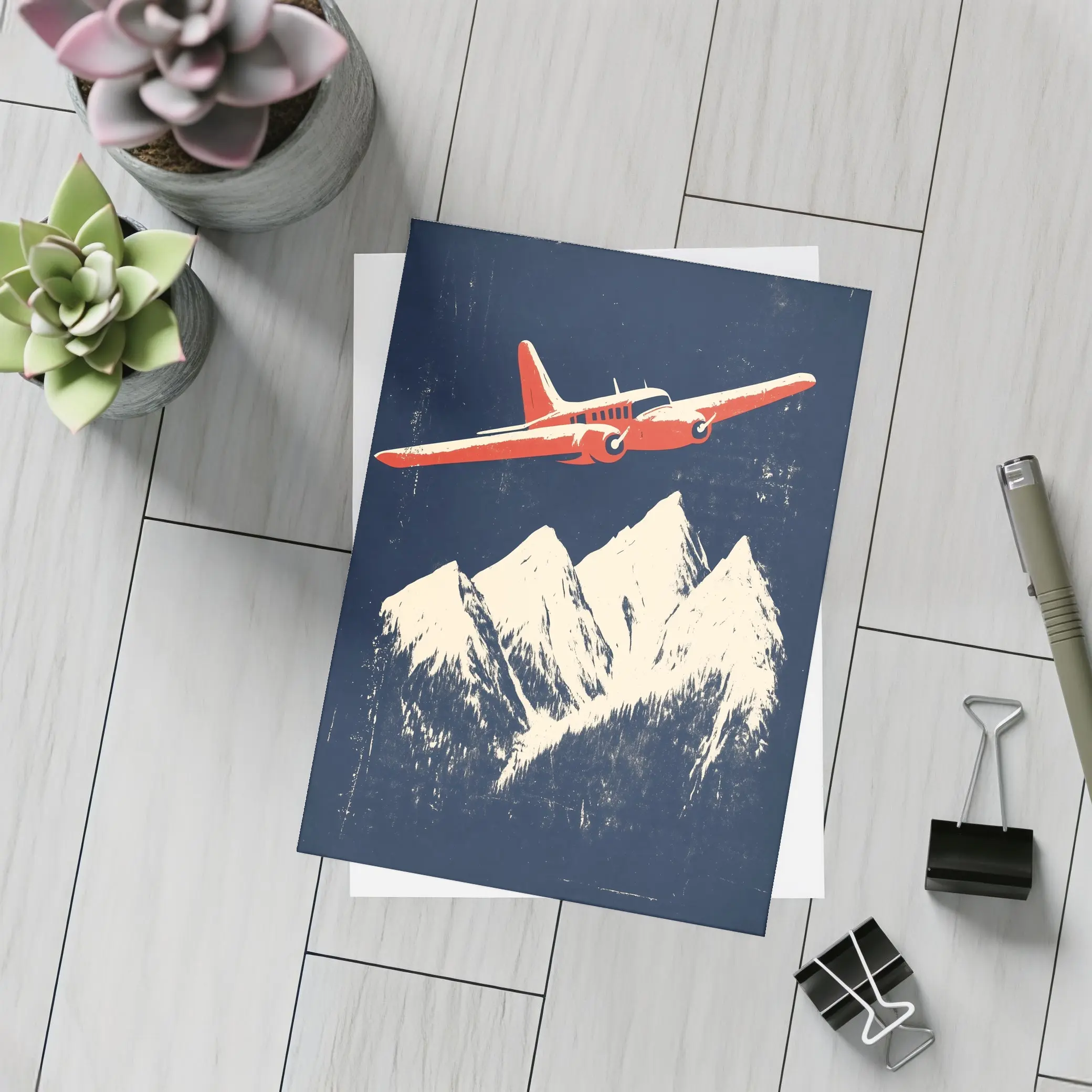 Red Vintage Plane Flying Over Snowy Mountains – Postcards