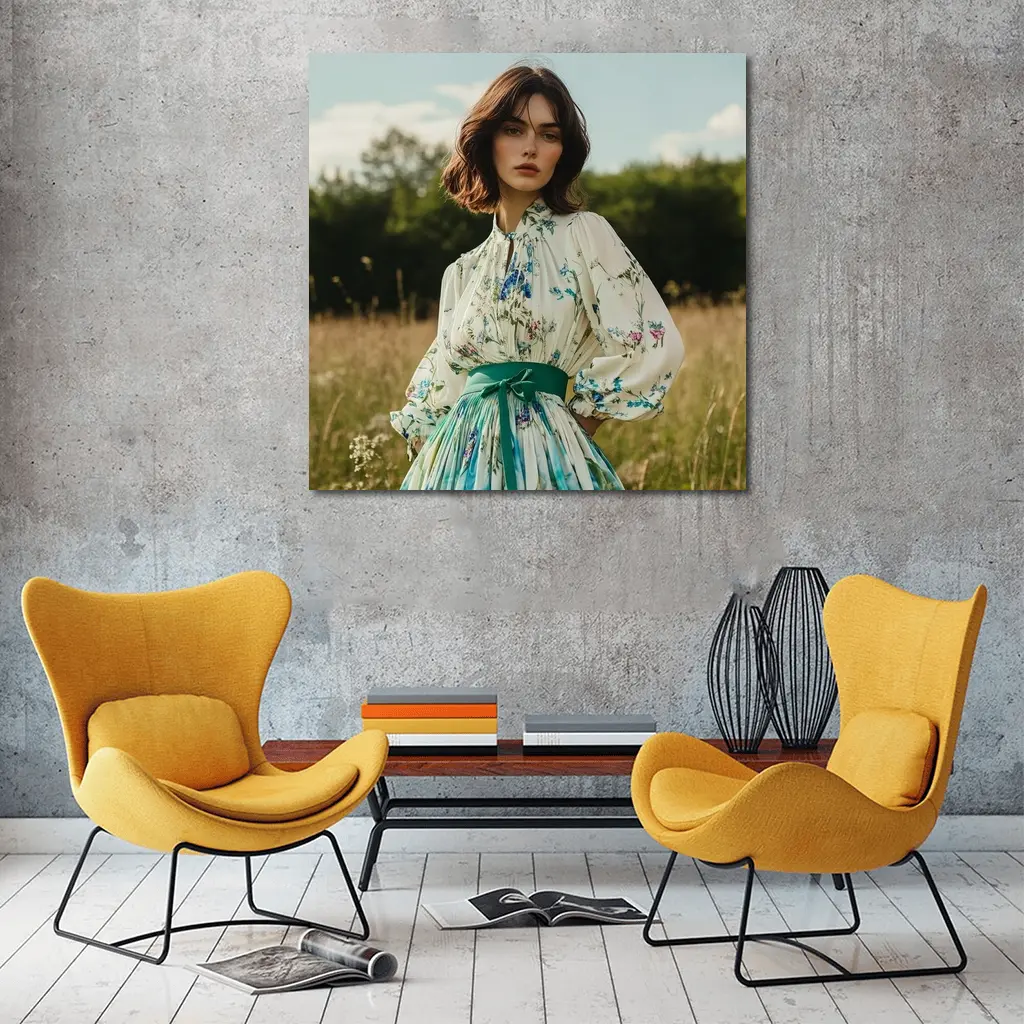 Floral Dress Woman Standing in Meadow – Wall Art