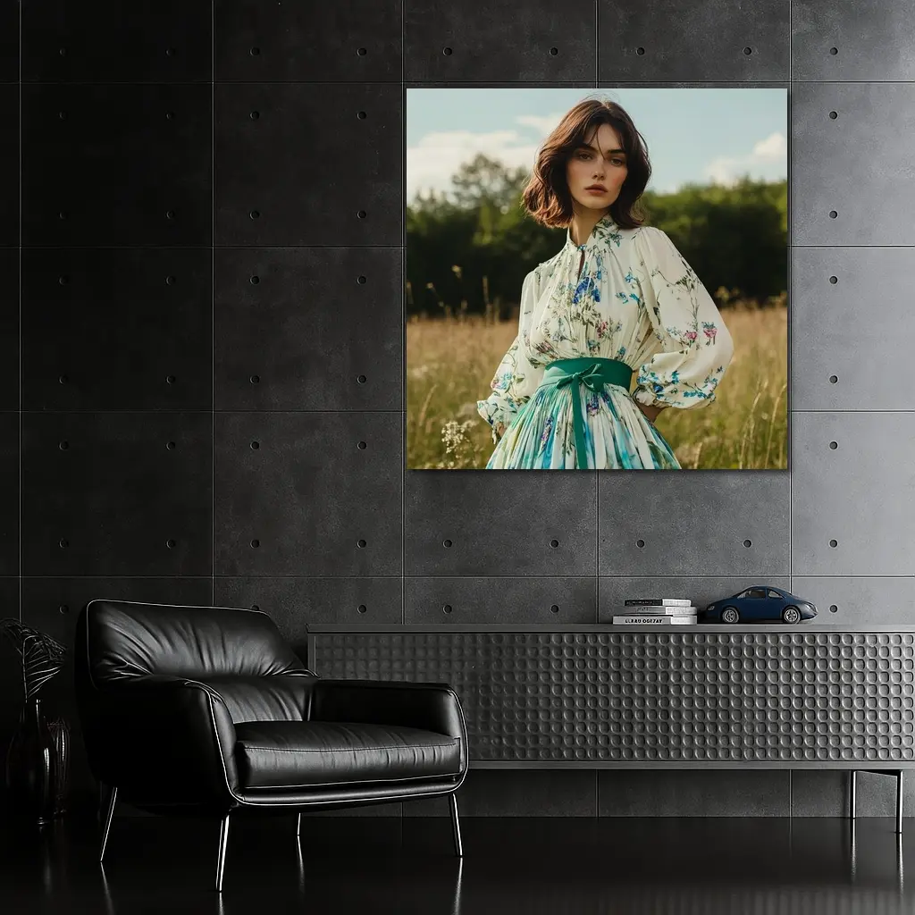 Floral Dress Woman Standing in Meadow – Wall Art