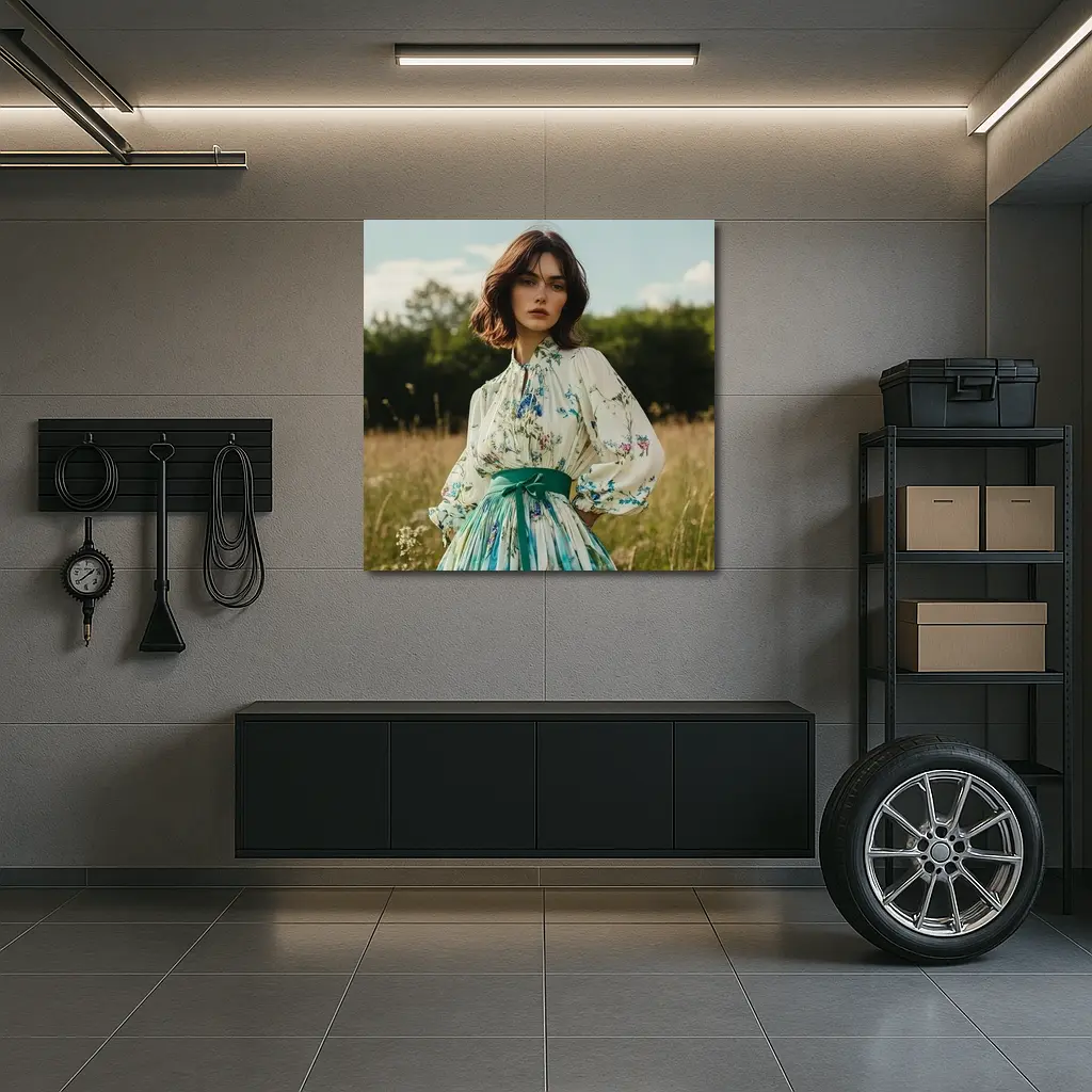 Floral Dress Woman Standing in Meadow – Wall Art