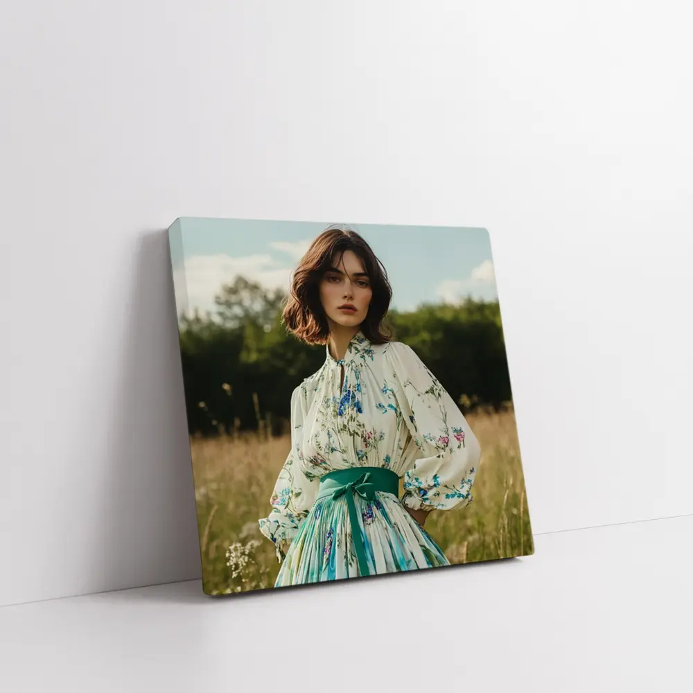 Floral Dress Woman Standing in Meadow – Wall Art
