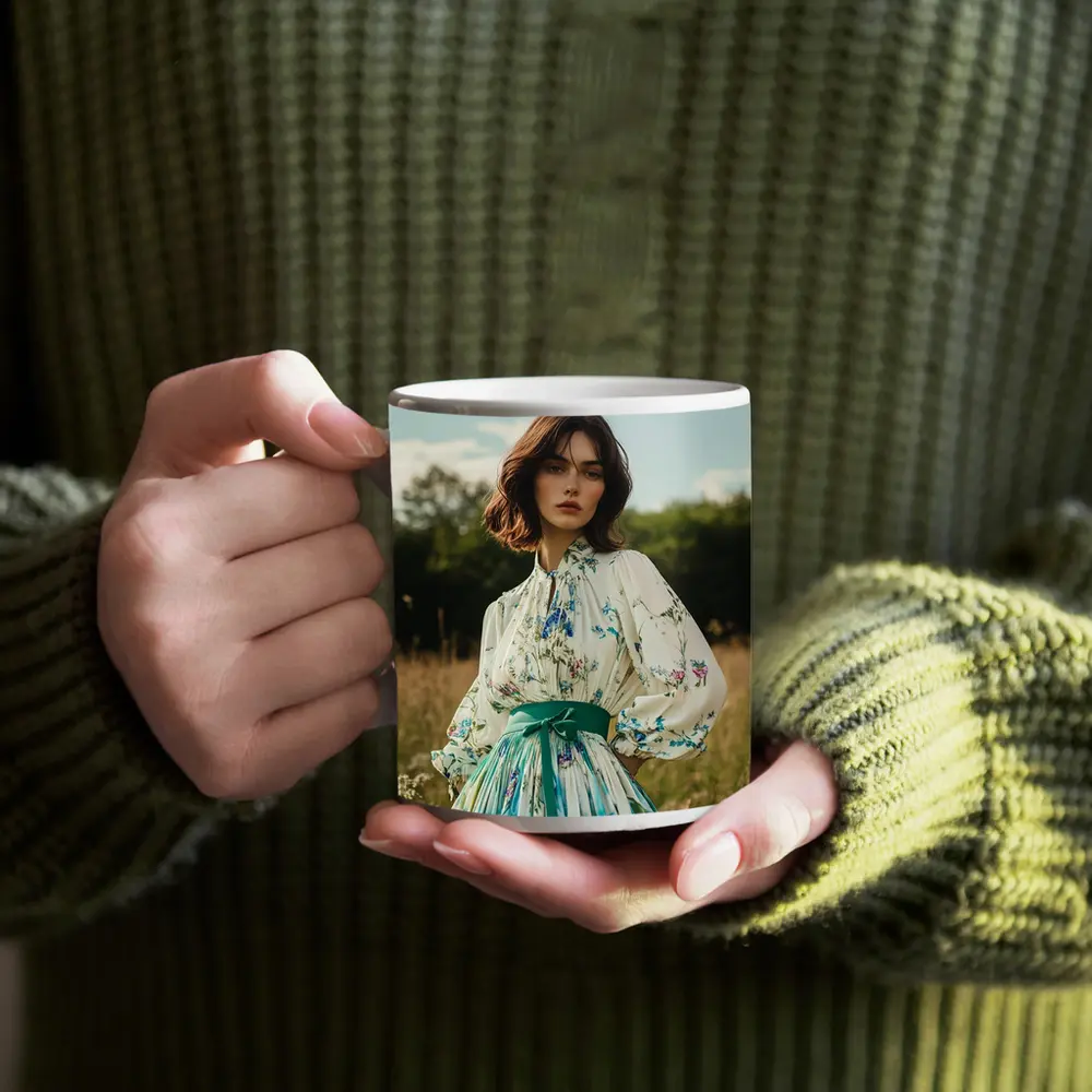 Floral Dress Woman Standing in Meadow – Mugs