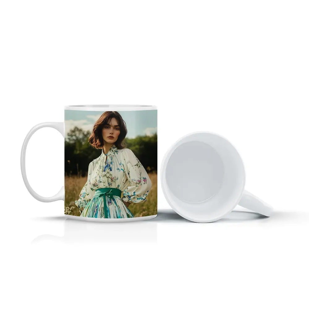 Floral Dress Woman Standing in Meadow – Mugs