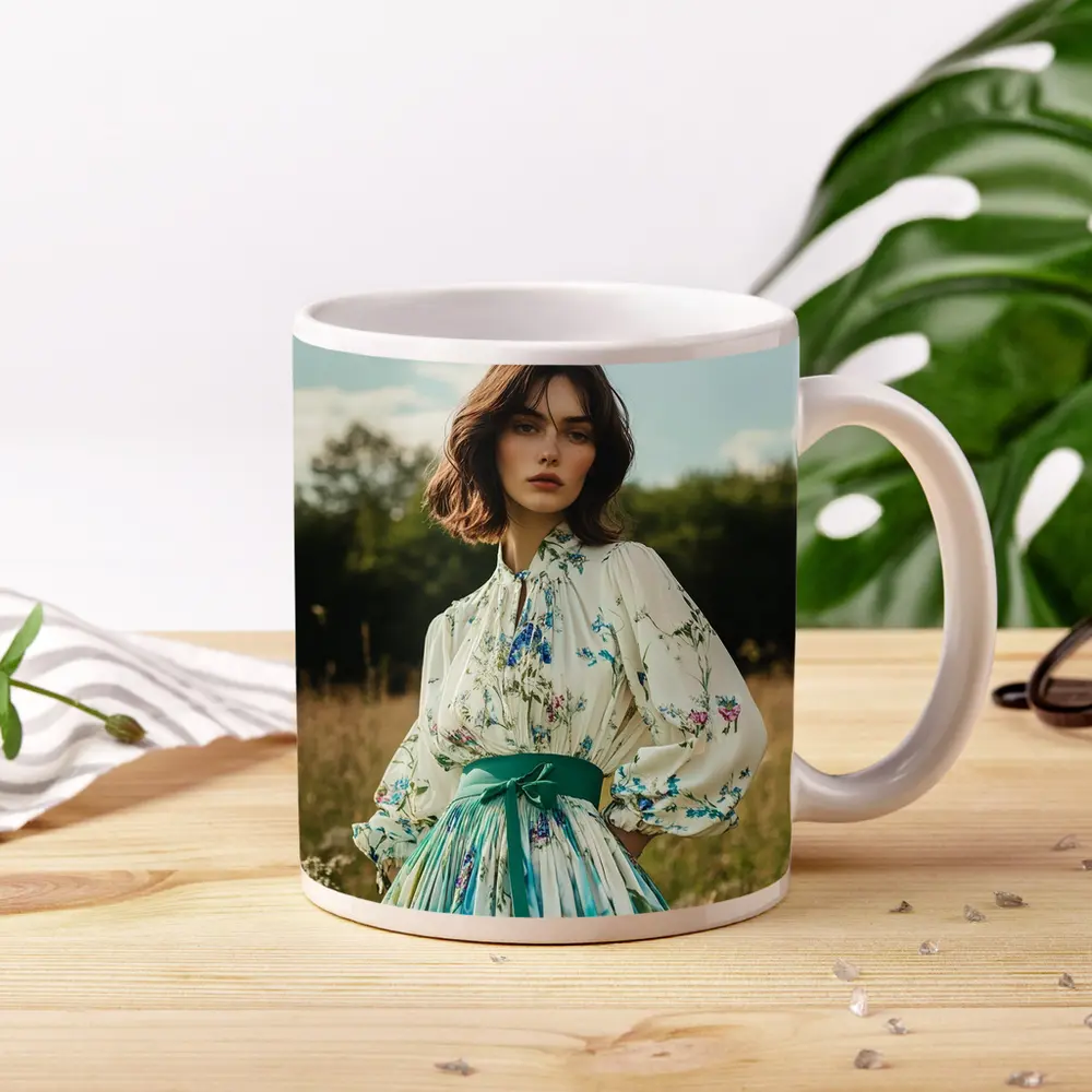 Floral Dress Woman Standing in Meadow – Mugs