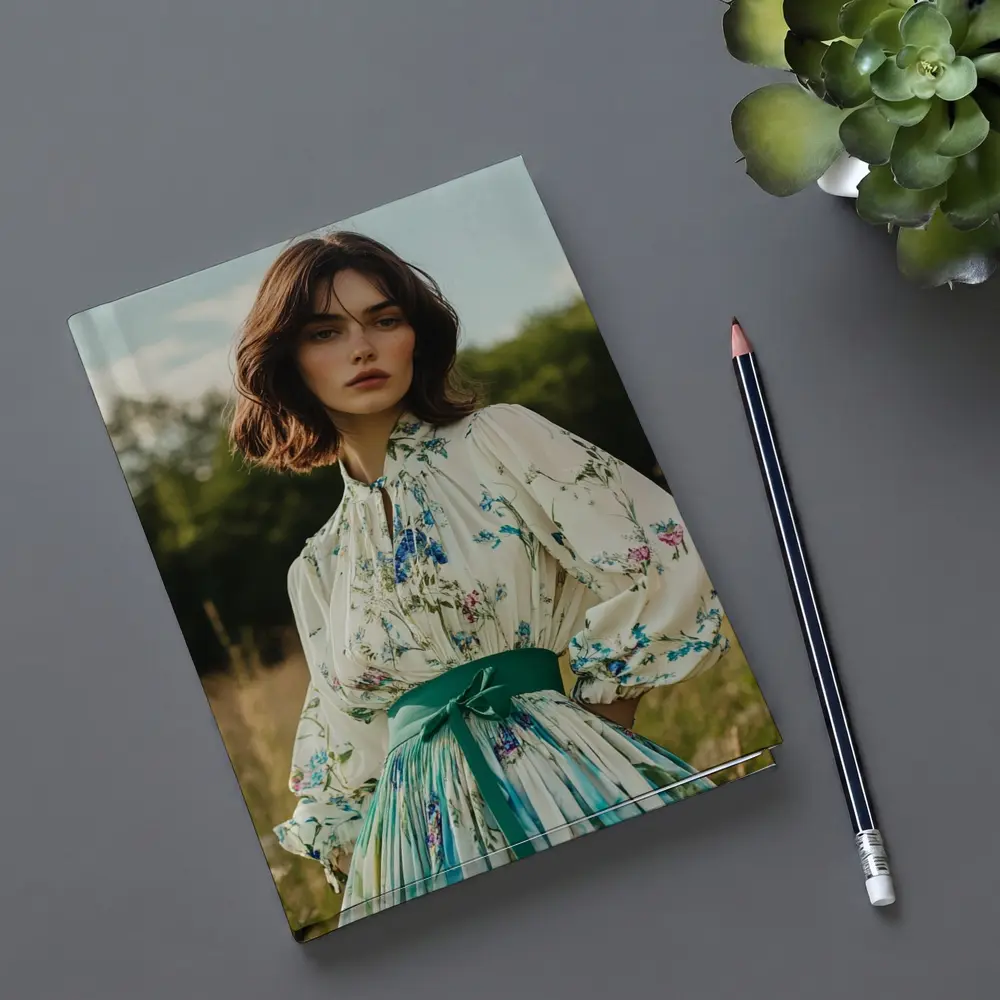 Floral Dress Woman Standing in Meadow – Notebooks