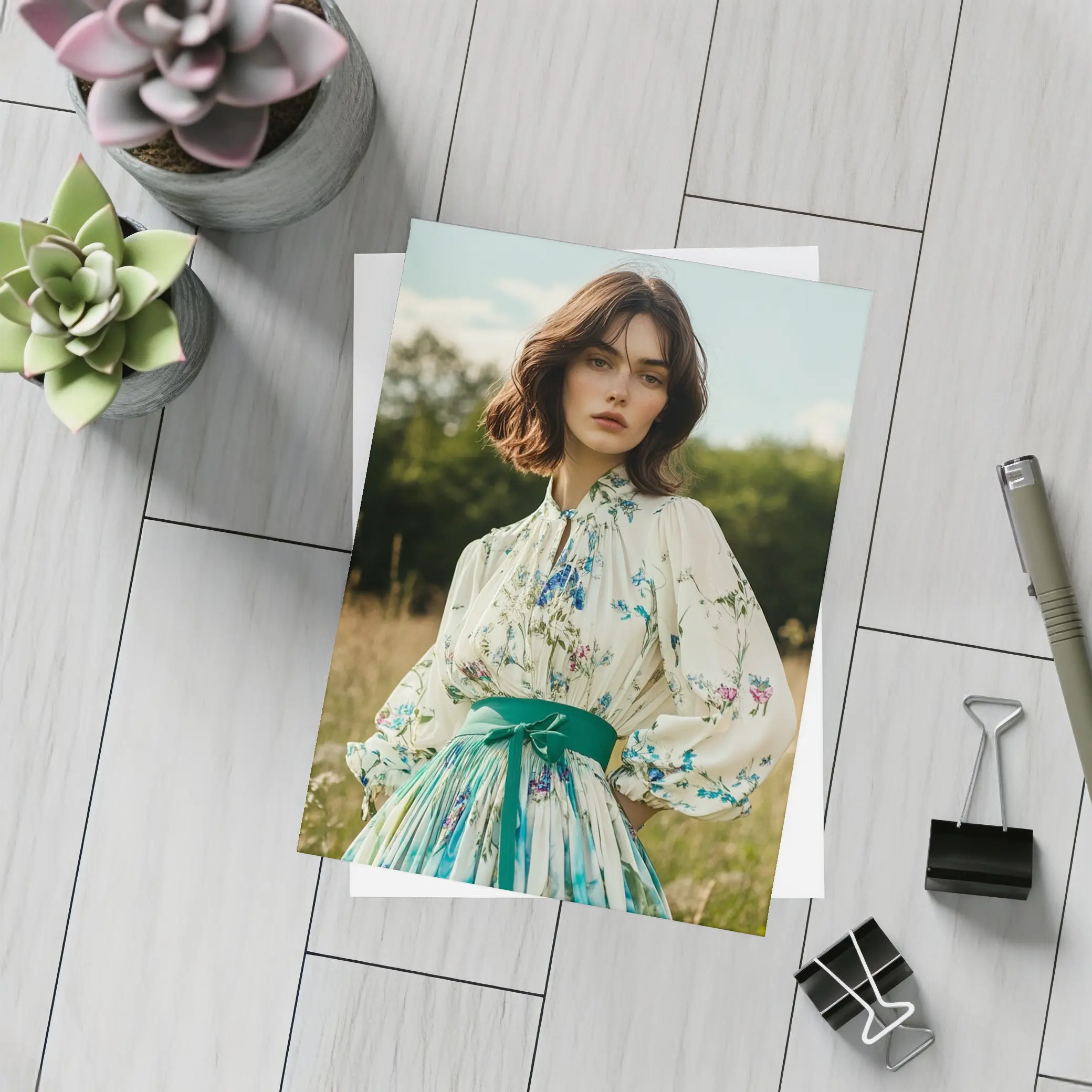 Floral Dress Woman Standing in Meadow – Postcards