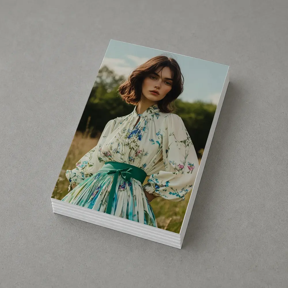 Floral Dress Woman Standing in Meadow – Postcards