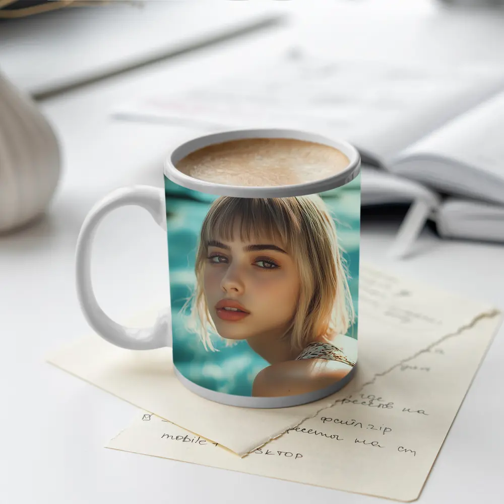 Blonde Woman Portrait Pool Water Background – Mugs