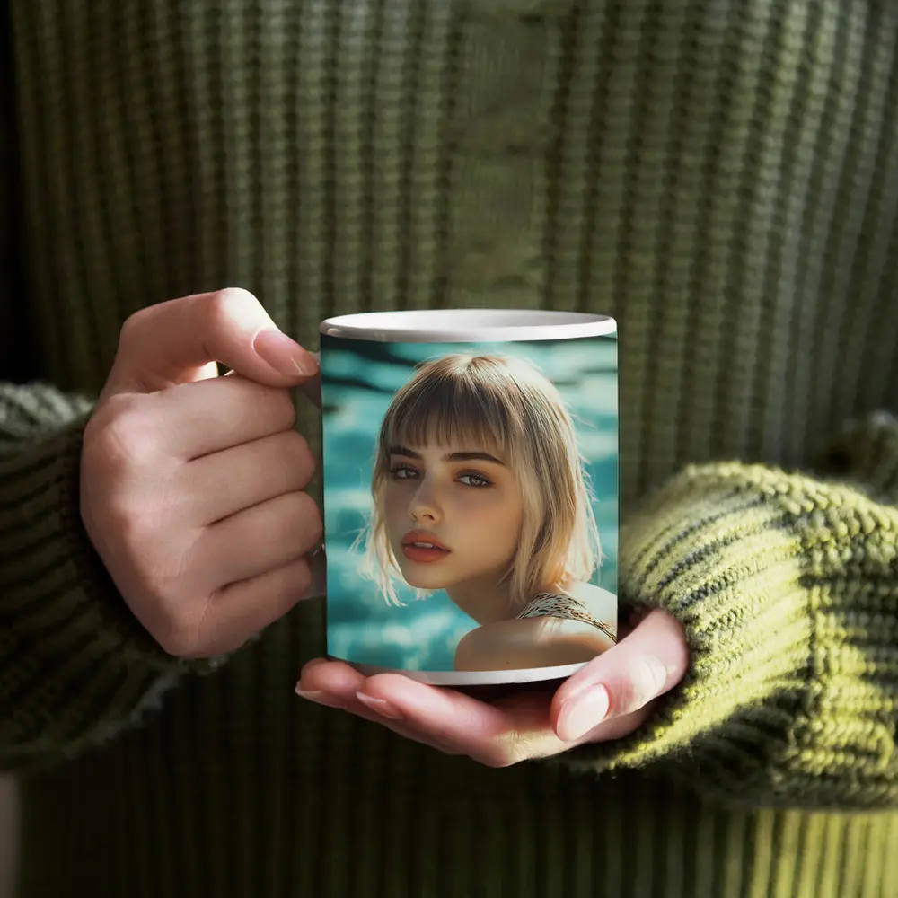 Blonde Woman Portrait Pool Water Background – Mugs