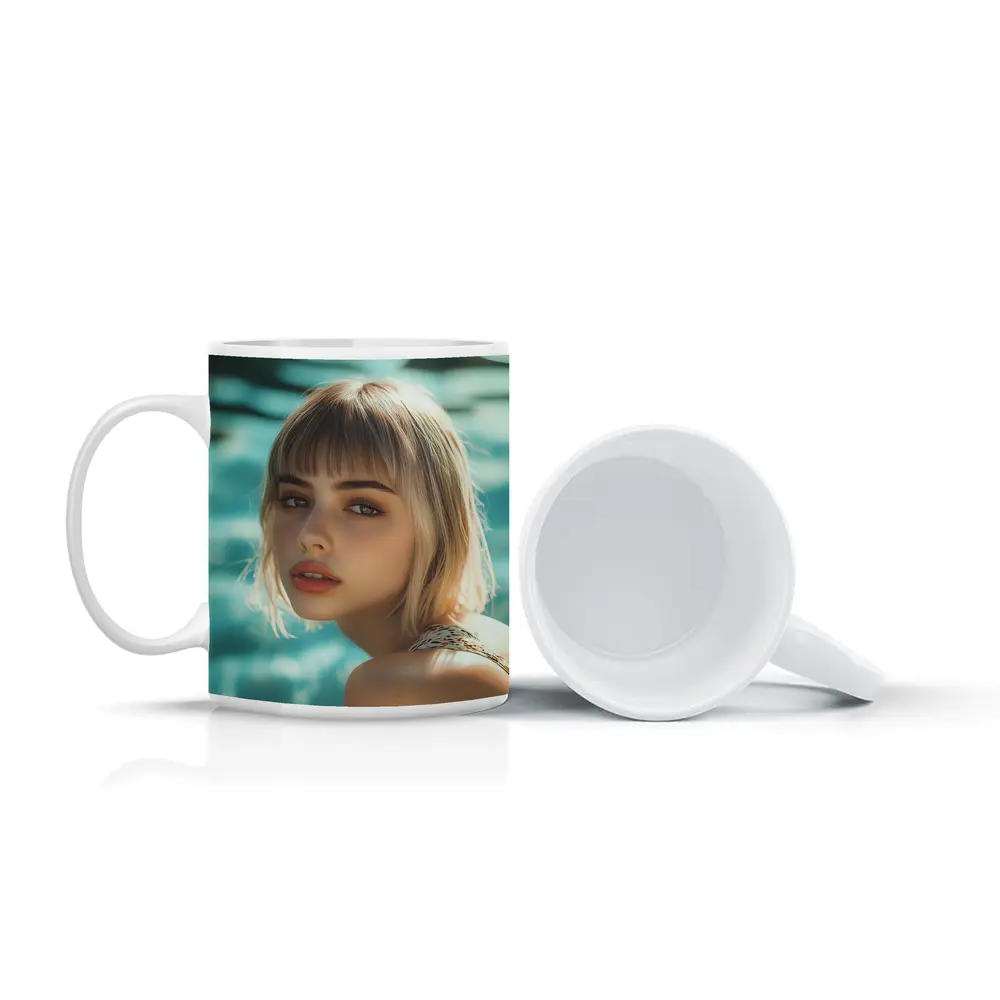 Blonde Woman Portrait Pool Water Background – Mugs