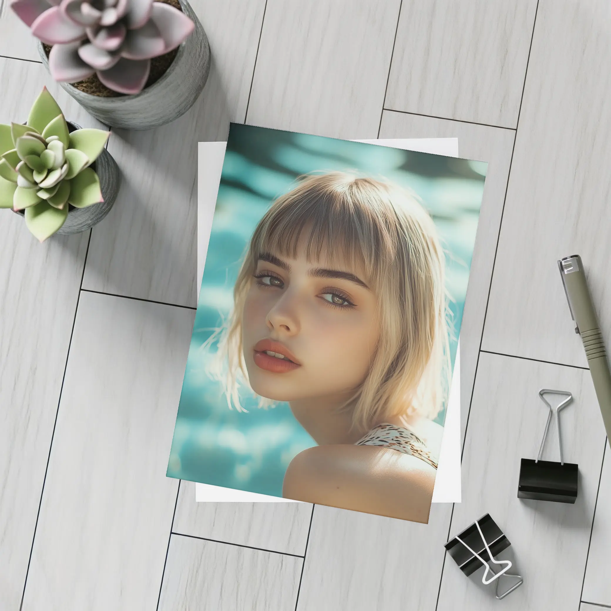 Blonde Woman Portrait Pool Water Background – Postcards