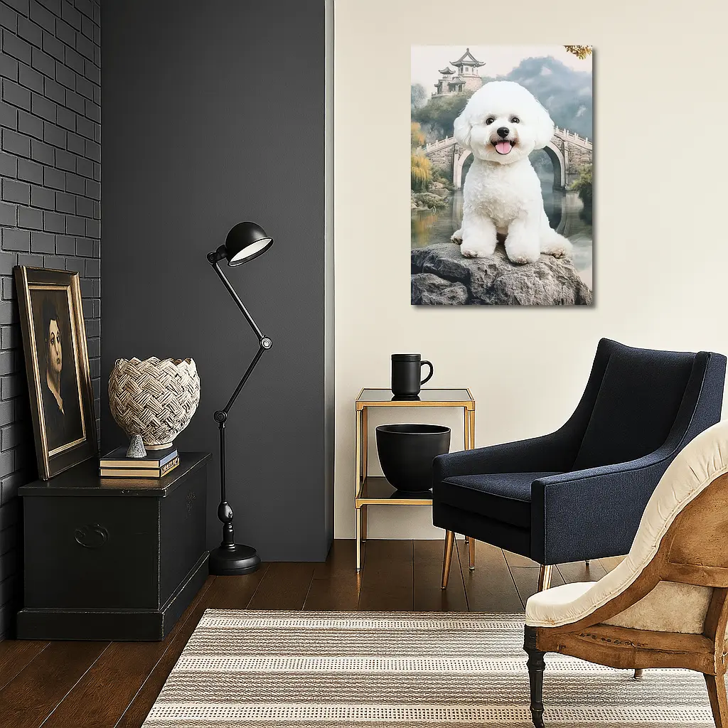 Bichon Frise Dog Chinese Garden Bridge – Wall Art