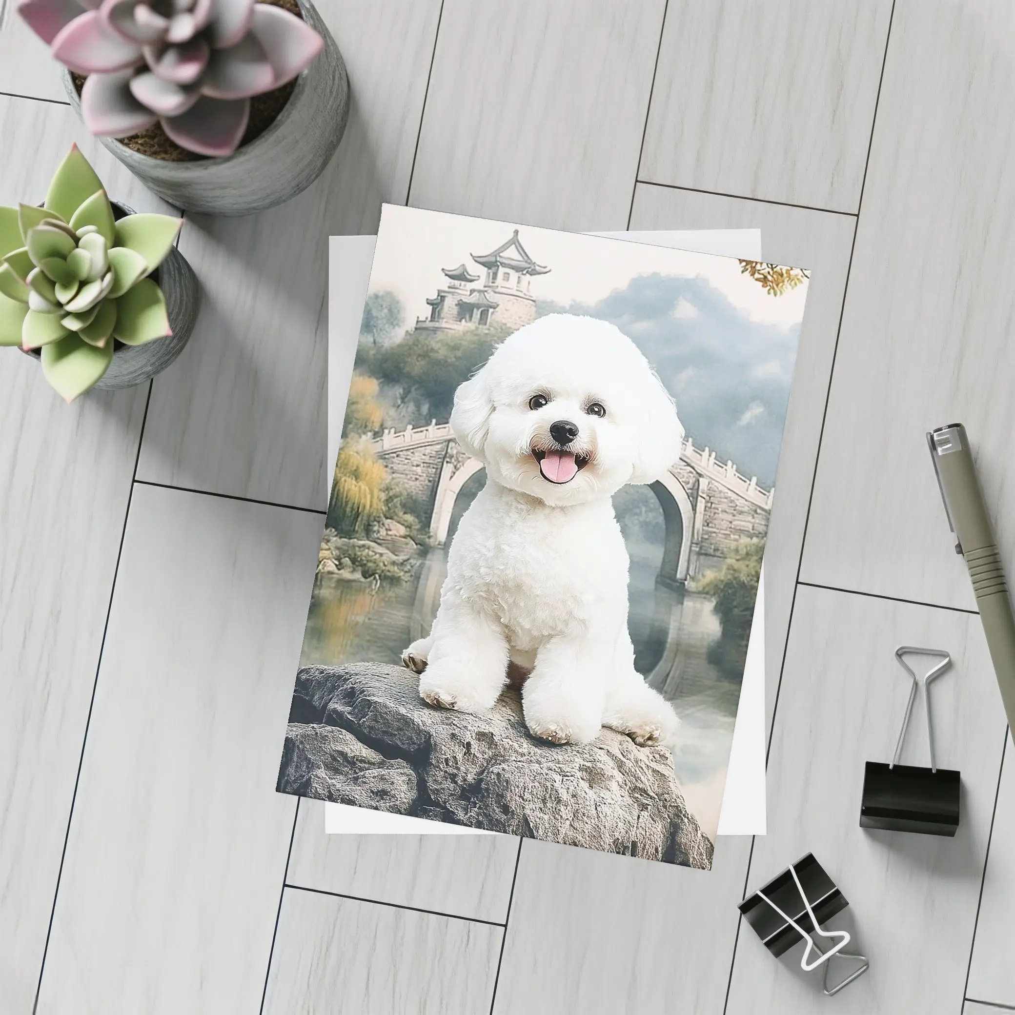 Bichon Frise Dog Chinese Garden Bridge – Postcards