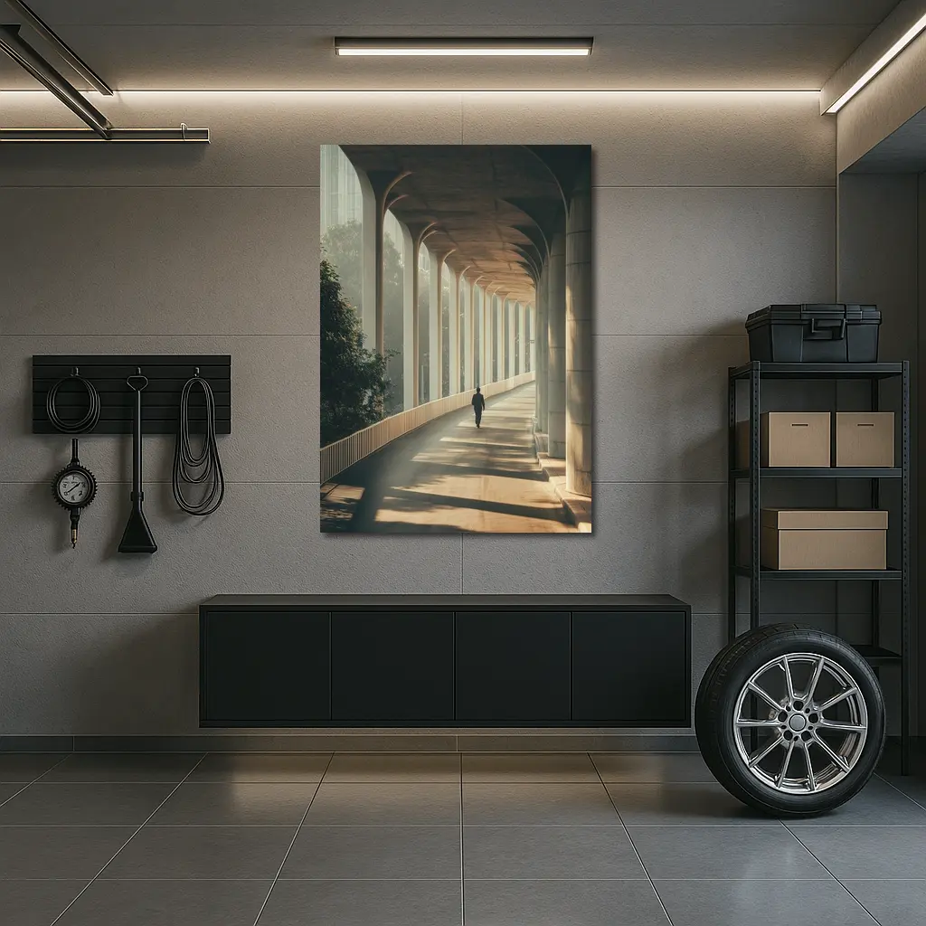 Lone Figure Walking Sunlit Arched Corridor – Wall Art