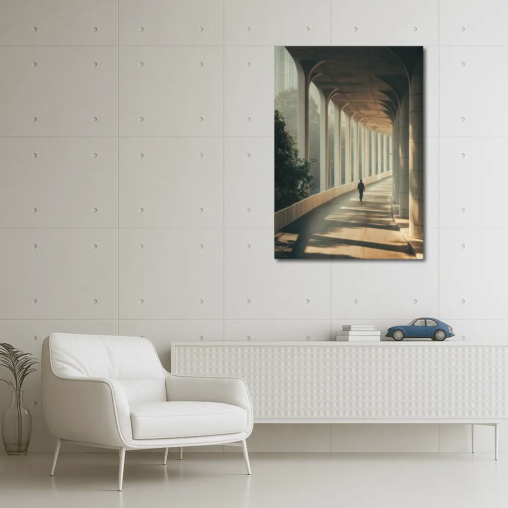Lone Figure Walking Sunlit Arched Corridor – Wall Art