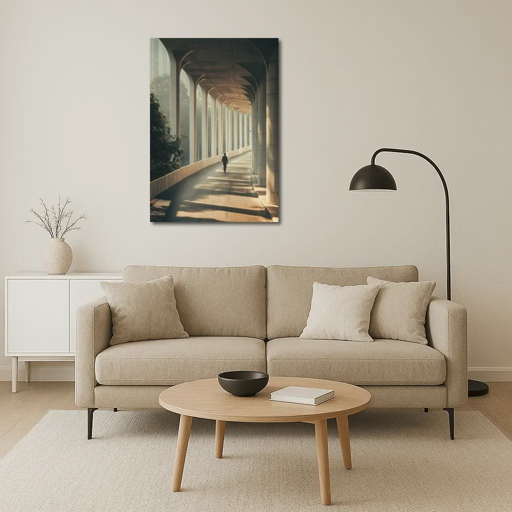 Lone Figure Walking Sunlit Arched Corridor – Wall Art