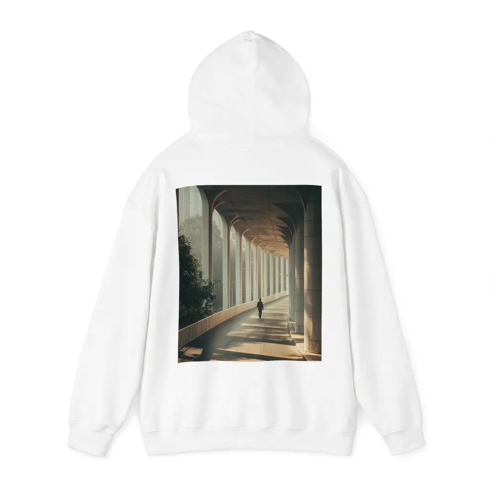 Lone Figure Walking Sunlit Arched Corridor – Hoodies