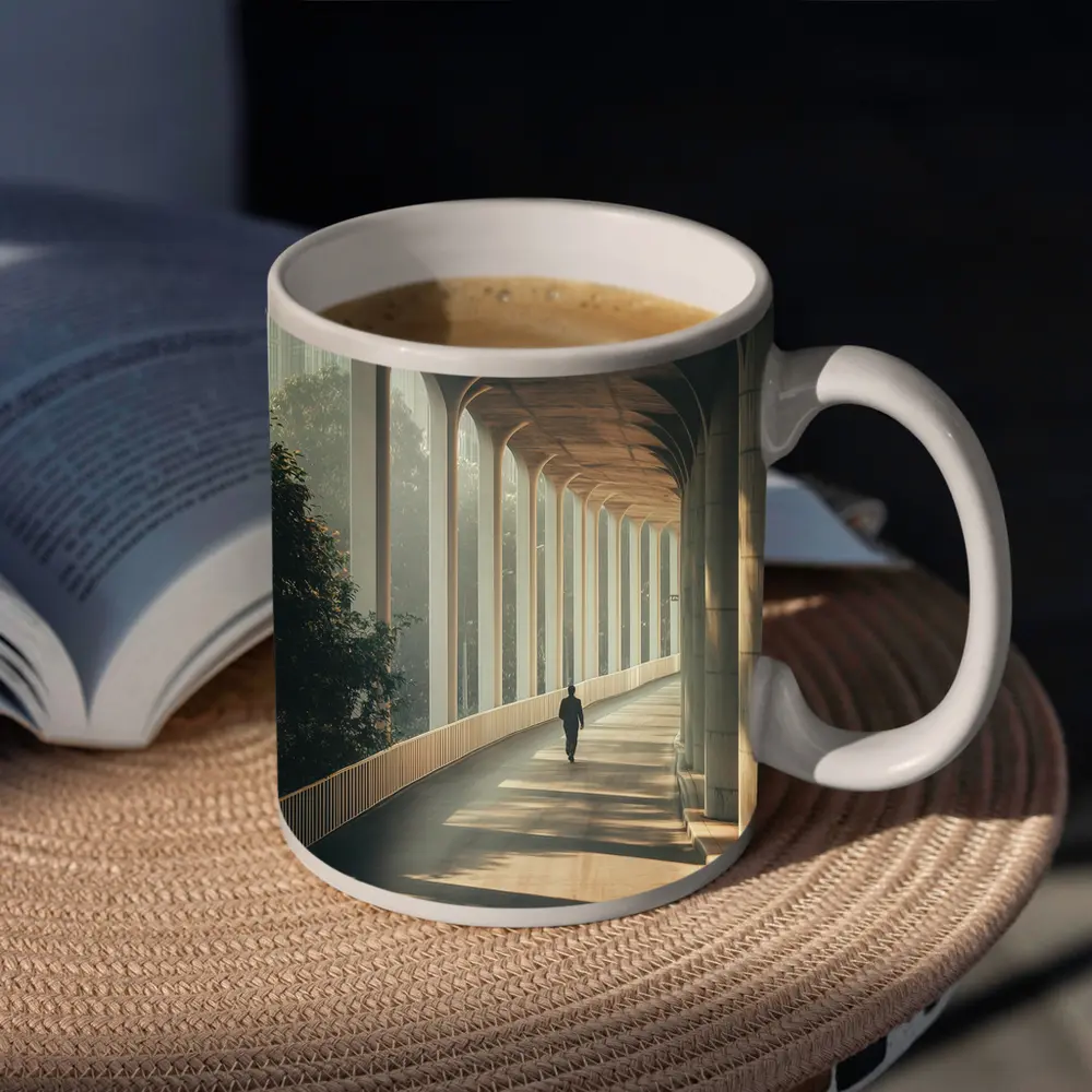 Lone Figure Walking Sunlit Arched Corridor – Mugs