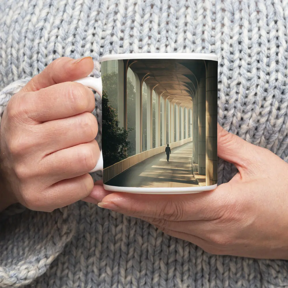 Lone Figure Walking Sunlit Arched Corridor – Mugs