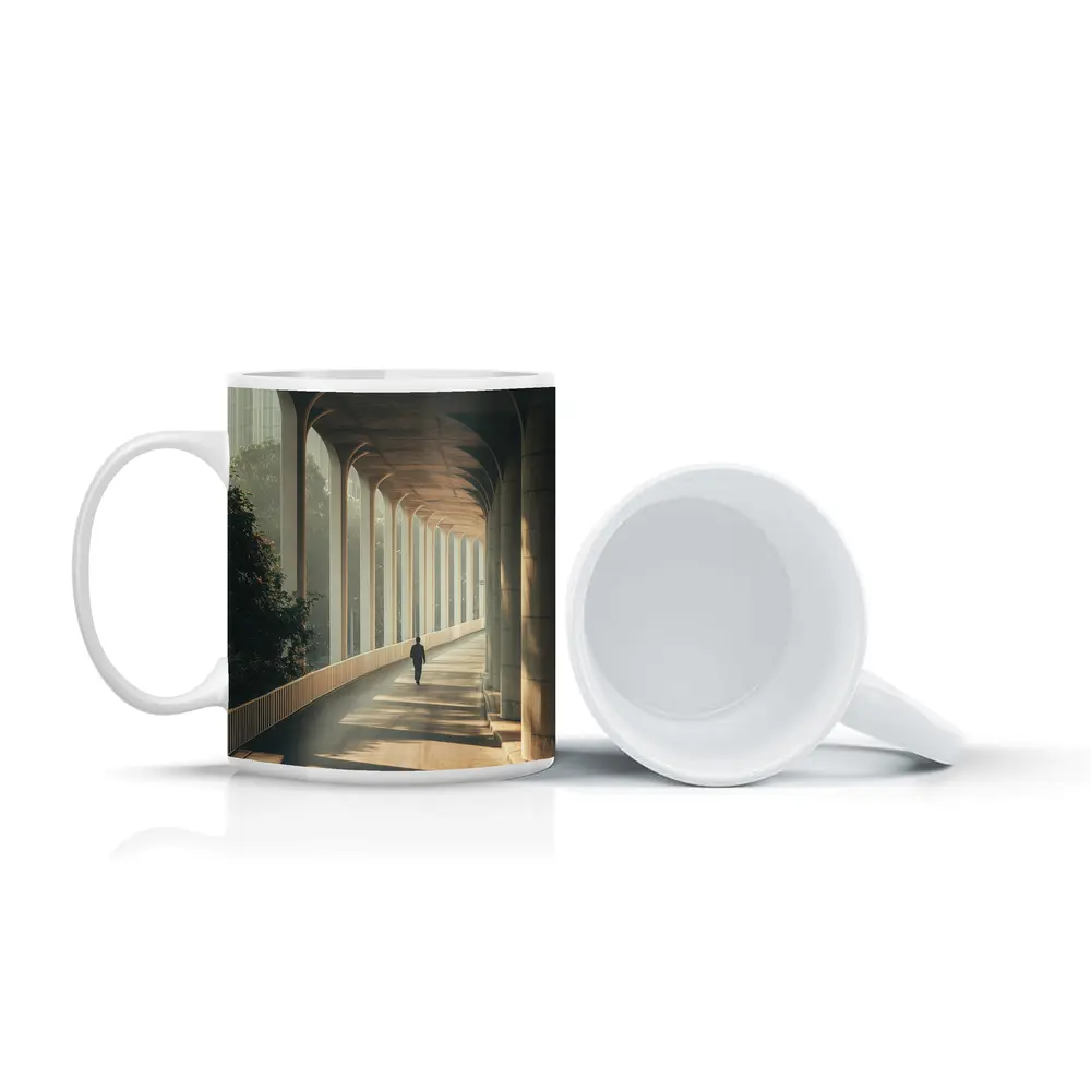 Lone Figure Walking Sunlit Arched Corridor – Mugs