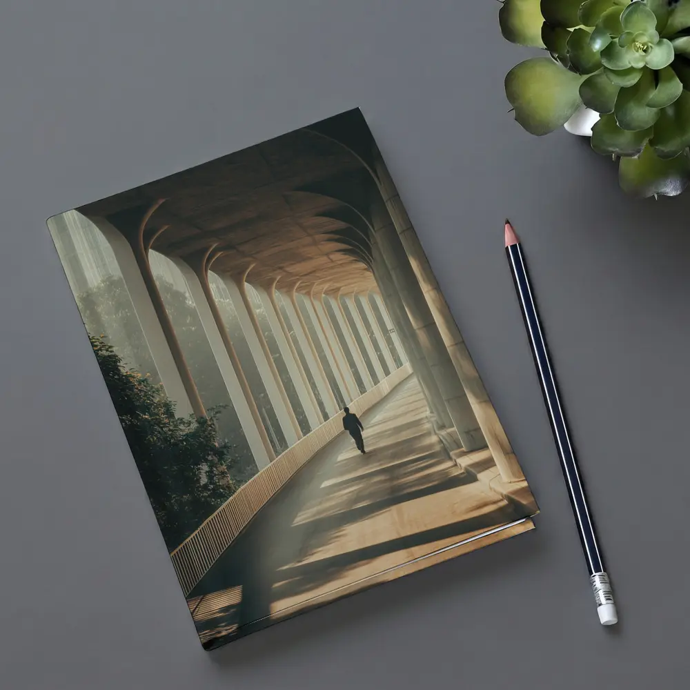 Lone Figure Walking Sunlit Arched Corridor – Notebooks
