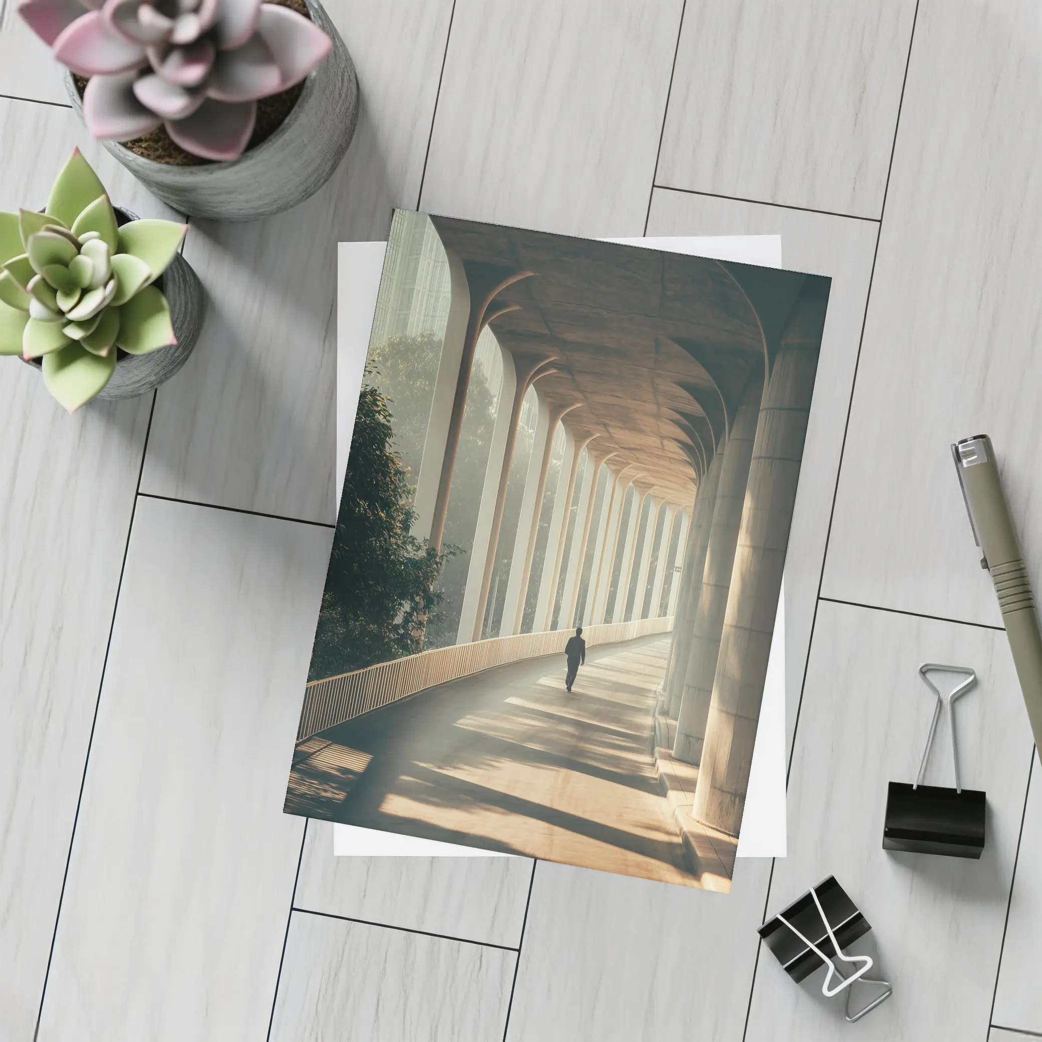 Lone Figure Walking Sunlit Arched Corridor – Postcards