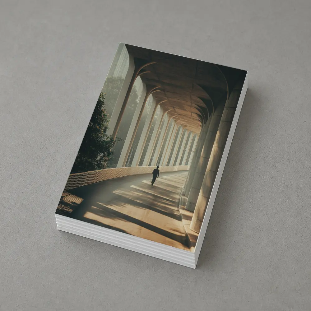 Lone Figure Walking Sunlit Arched Corridor – Postcards