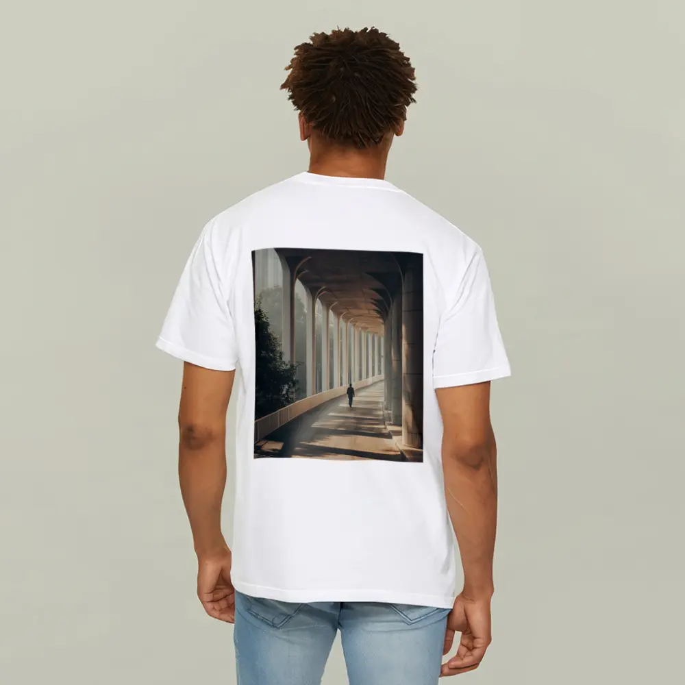 Lone Figure Walking Sunlit Arched Corridor – T-Shirts