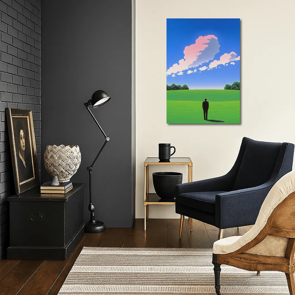 Solitary Man Standing Green Field Blue Sky – Wall Art