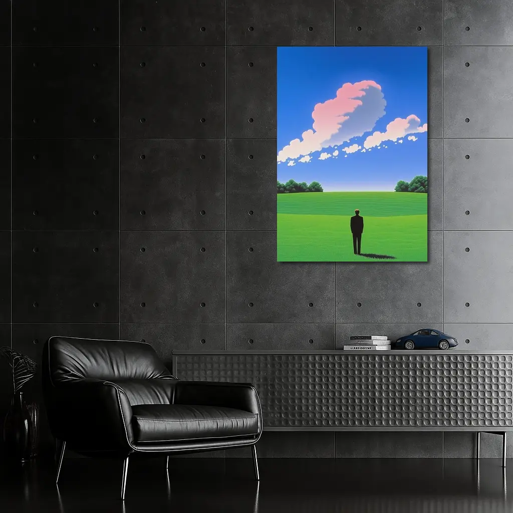 Solitary Man Standing Green Field Blue Sky – Wall Art