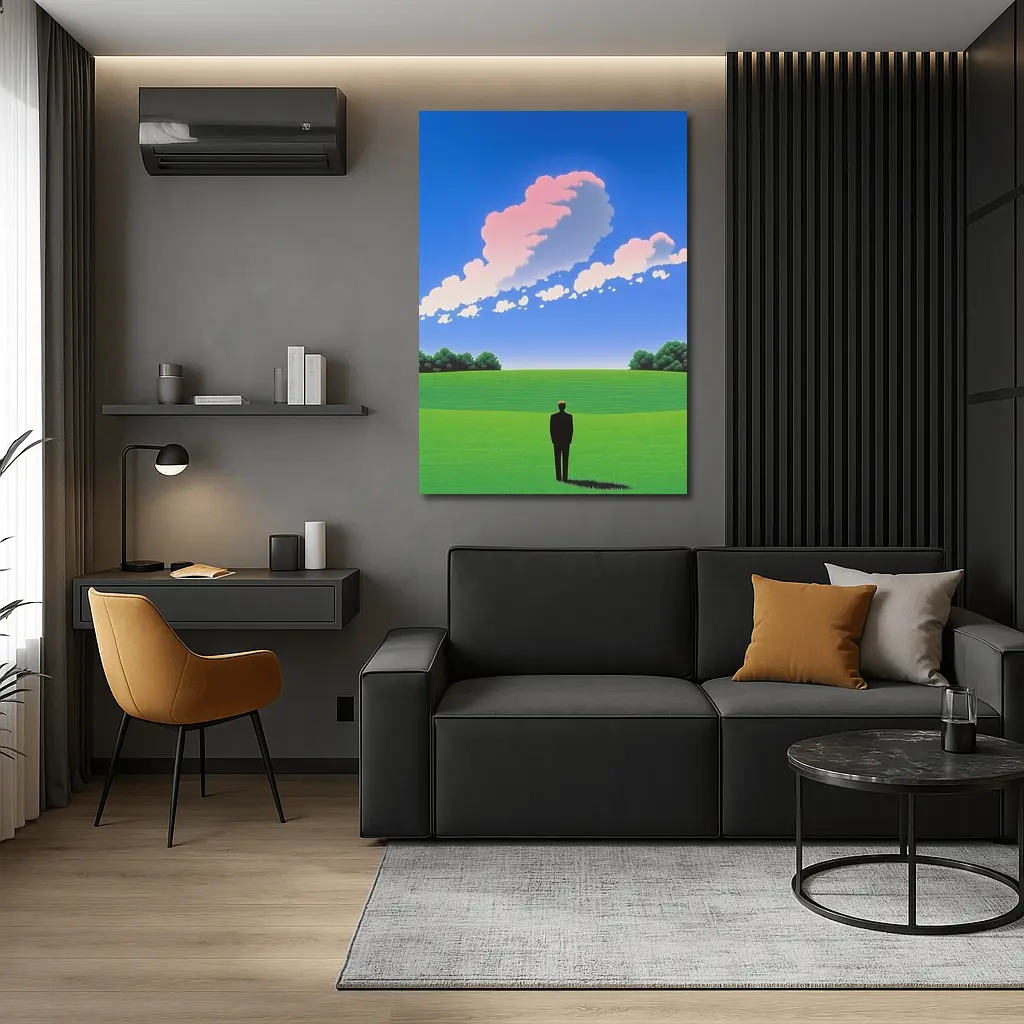 Solitary Man Standing Green Field Blue Sky – Wall Art