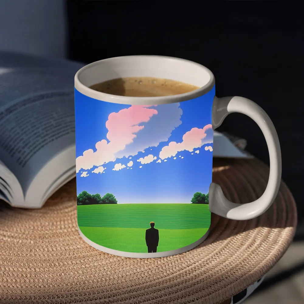 Solitary Man Standing Green Field Blue Sky – Mugs