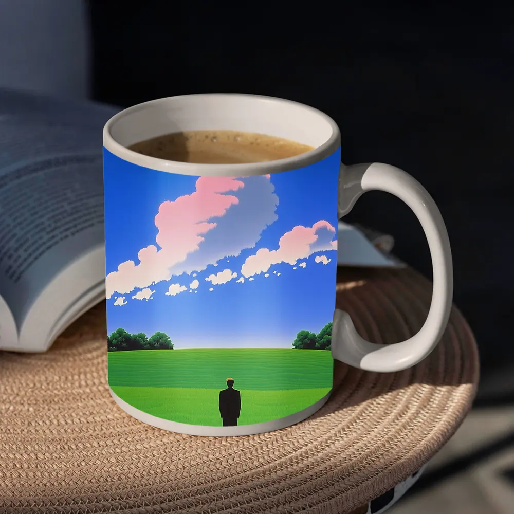 Solitary Man Standing Green Field Blue Sky – Mugs