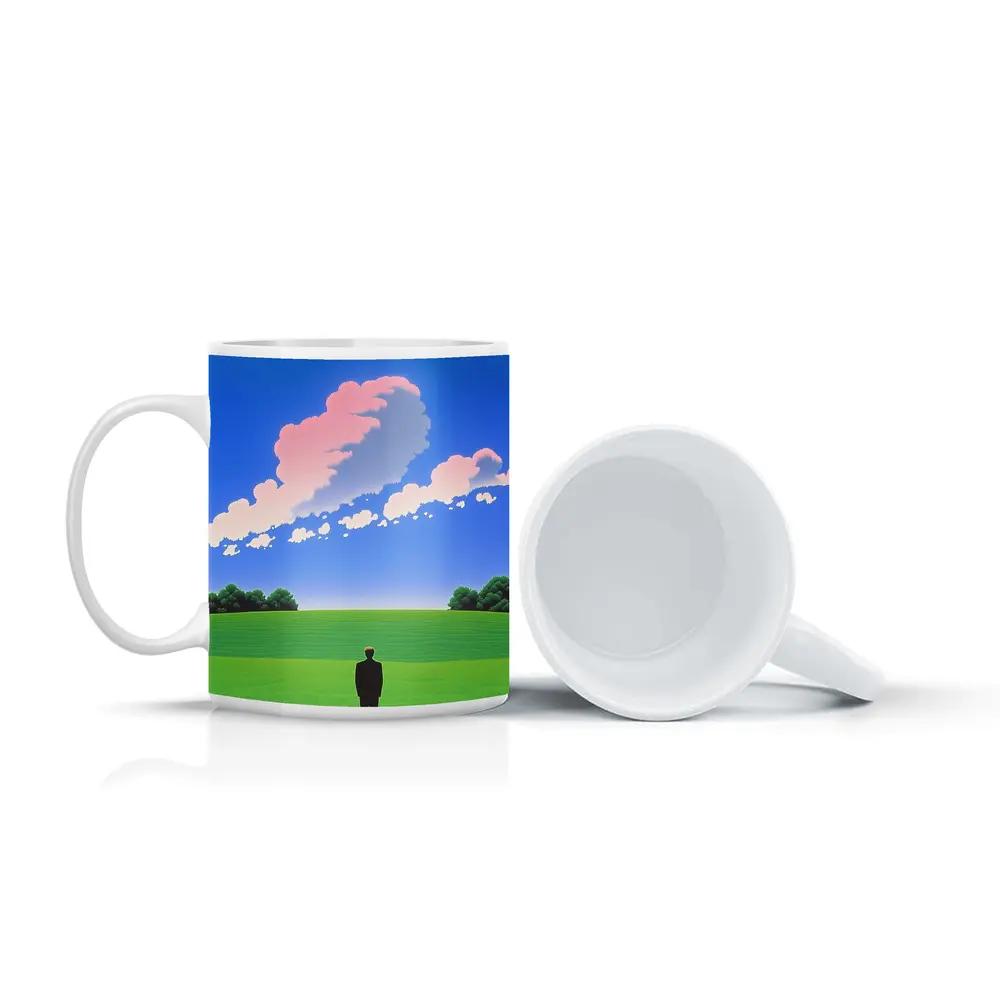 Solitary Man Standing Green Field Blue Sky – Mugs