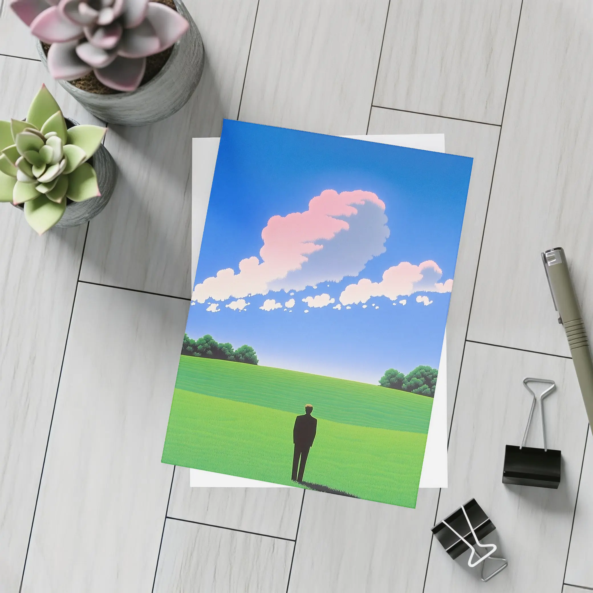 Solitary Man Standing Green Field Blue Sky – Postcards
