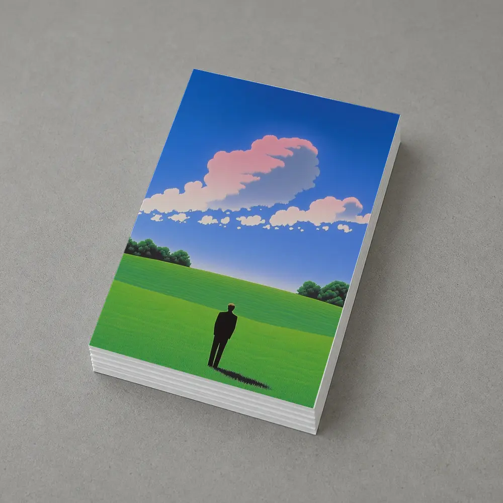 Solitary Man Standing Green Field Blue Sky – Postcards