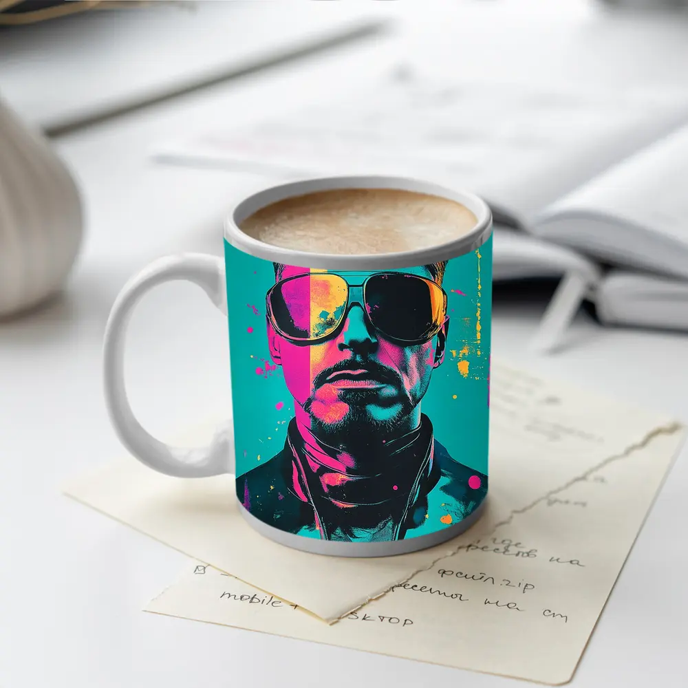 Pop Art Man Sunglasses Teal Pink Background – Mugs