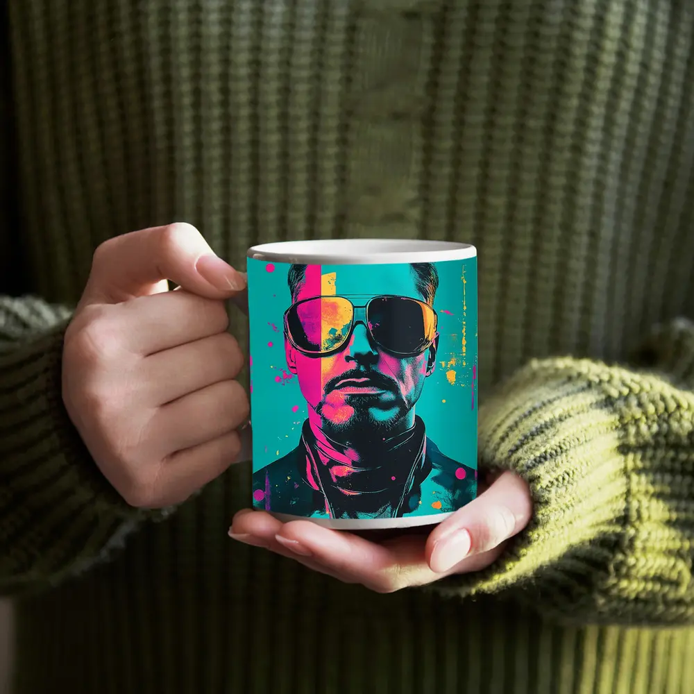 Pop Art Man Sunglasses Teal Pink Background – Mugs