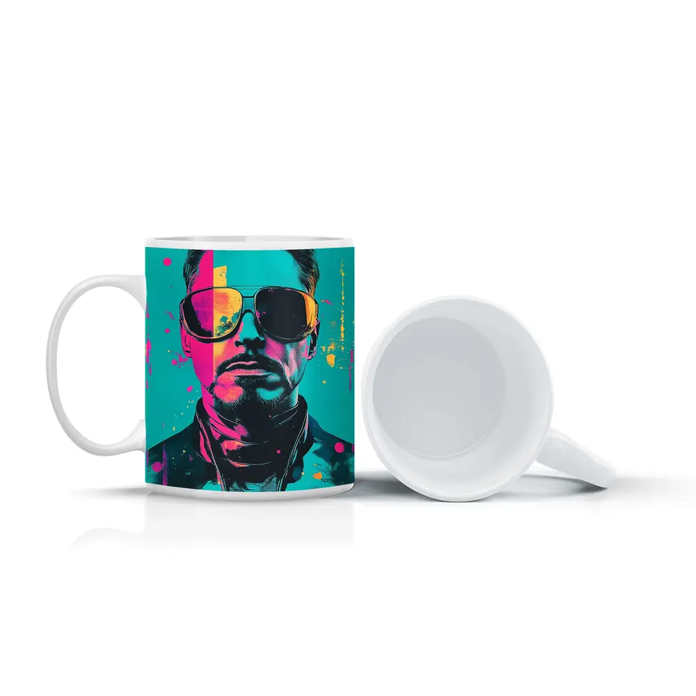 Pop Art Man Sunglasses Teal Pink Background – Mugs
