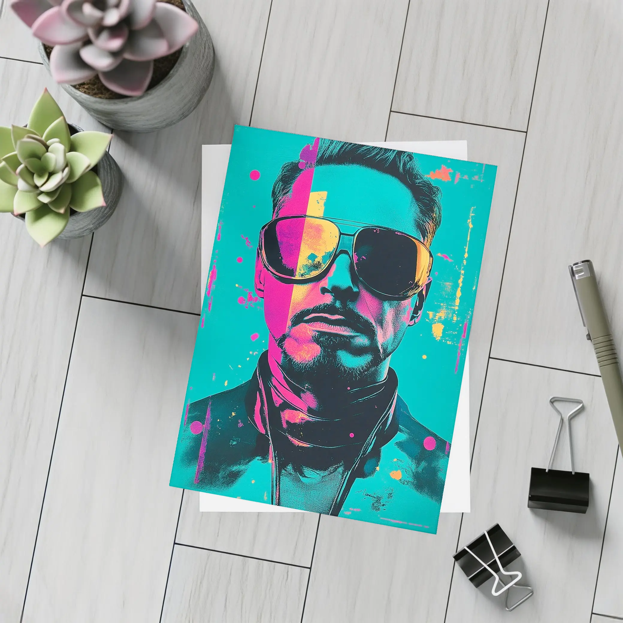 Pop Art Man Sunglasses Teal Pink Background – Postcards
