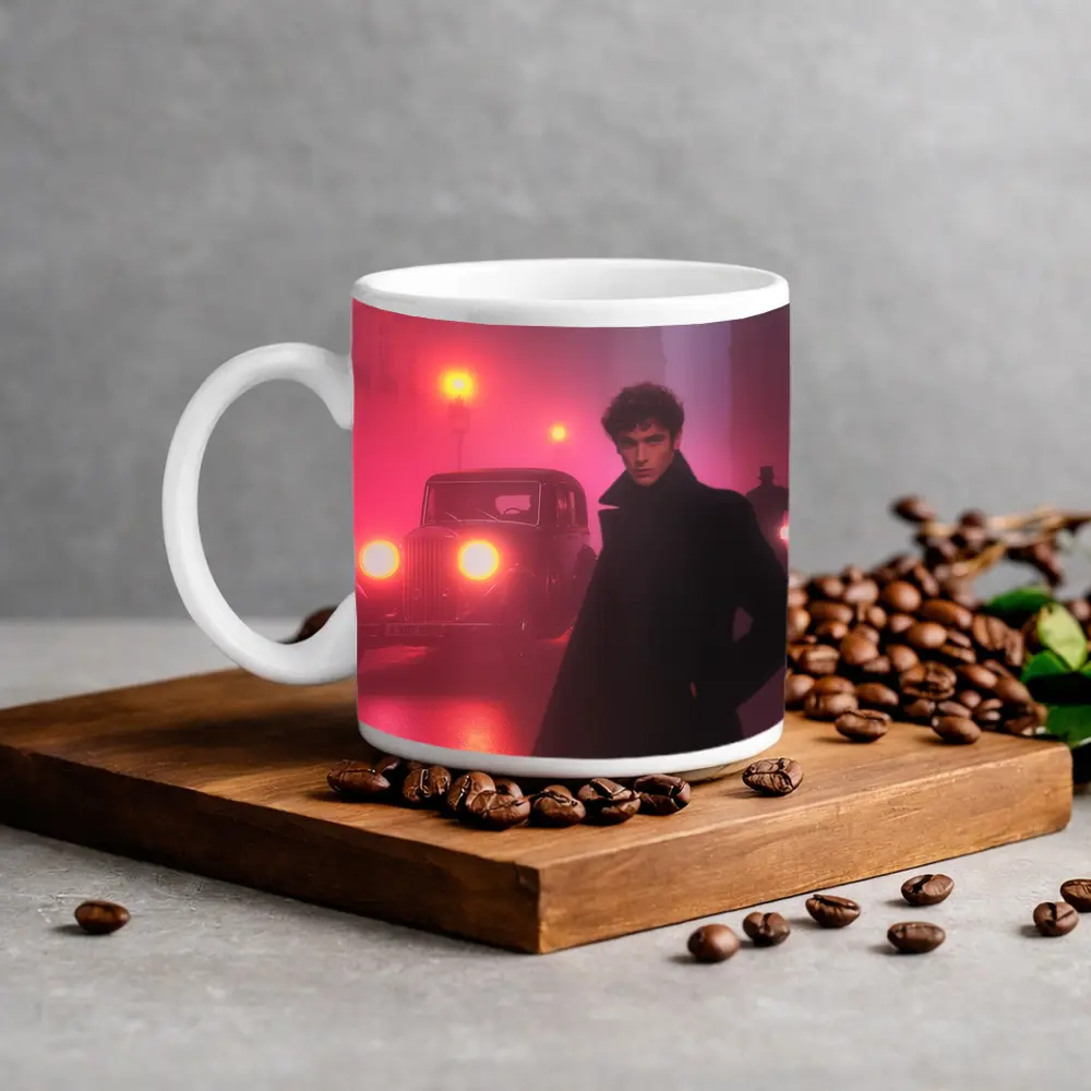 Young Man Foggy Noir City Street Night – Mugs