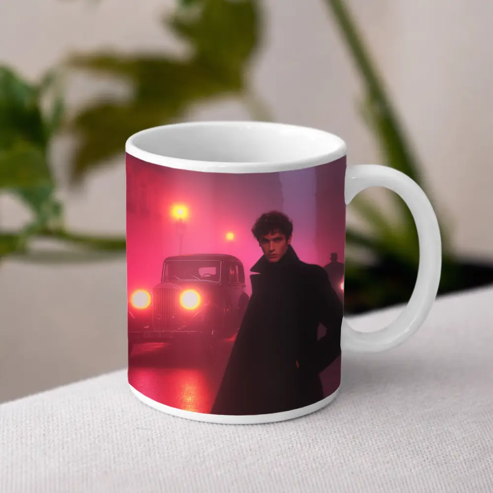 Young Man Foggy Noir City Street Night – Mugs